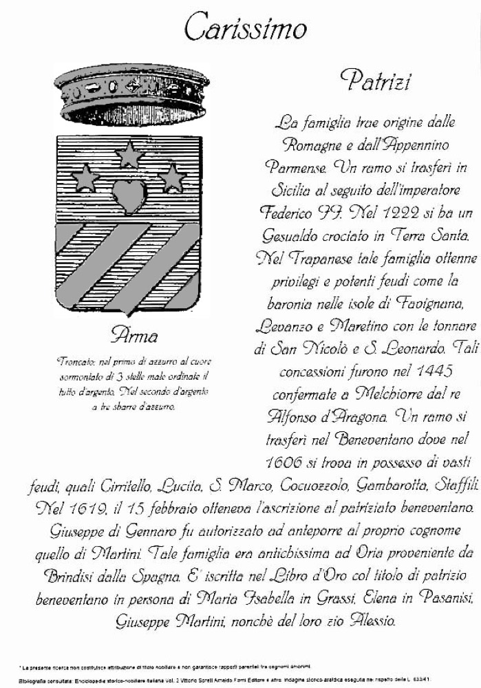 Notice héraldique imprimée au nom Carissimo, avec l'écu de Benevento dessiné et un texte italien mêlant Parme, la Sicile et Benevento