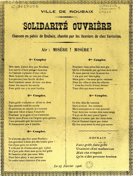Feuille volante imprimée, Ville de Roubaix, Solidarité ouvrière, chanson en patois de Roubaix chantée par les ouvriers de chez Carissimo, 27 février 1906